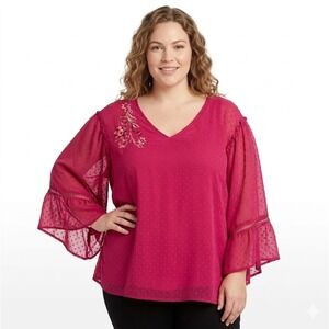 New Curations size 3X Pink Floral Embroidered Flare Sleeve Swiss Dot Relaxed Top
